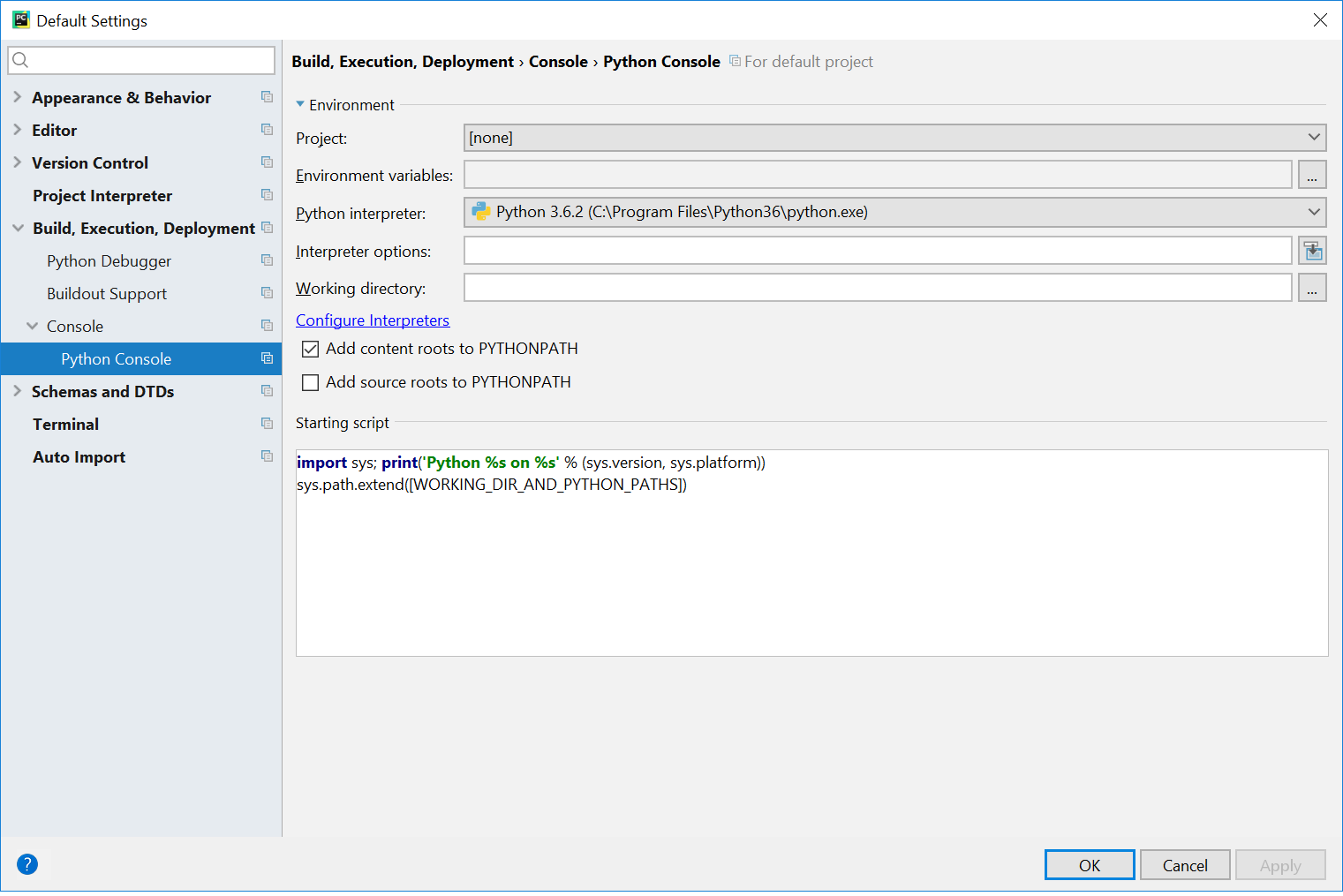 Pycharm console preference